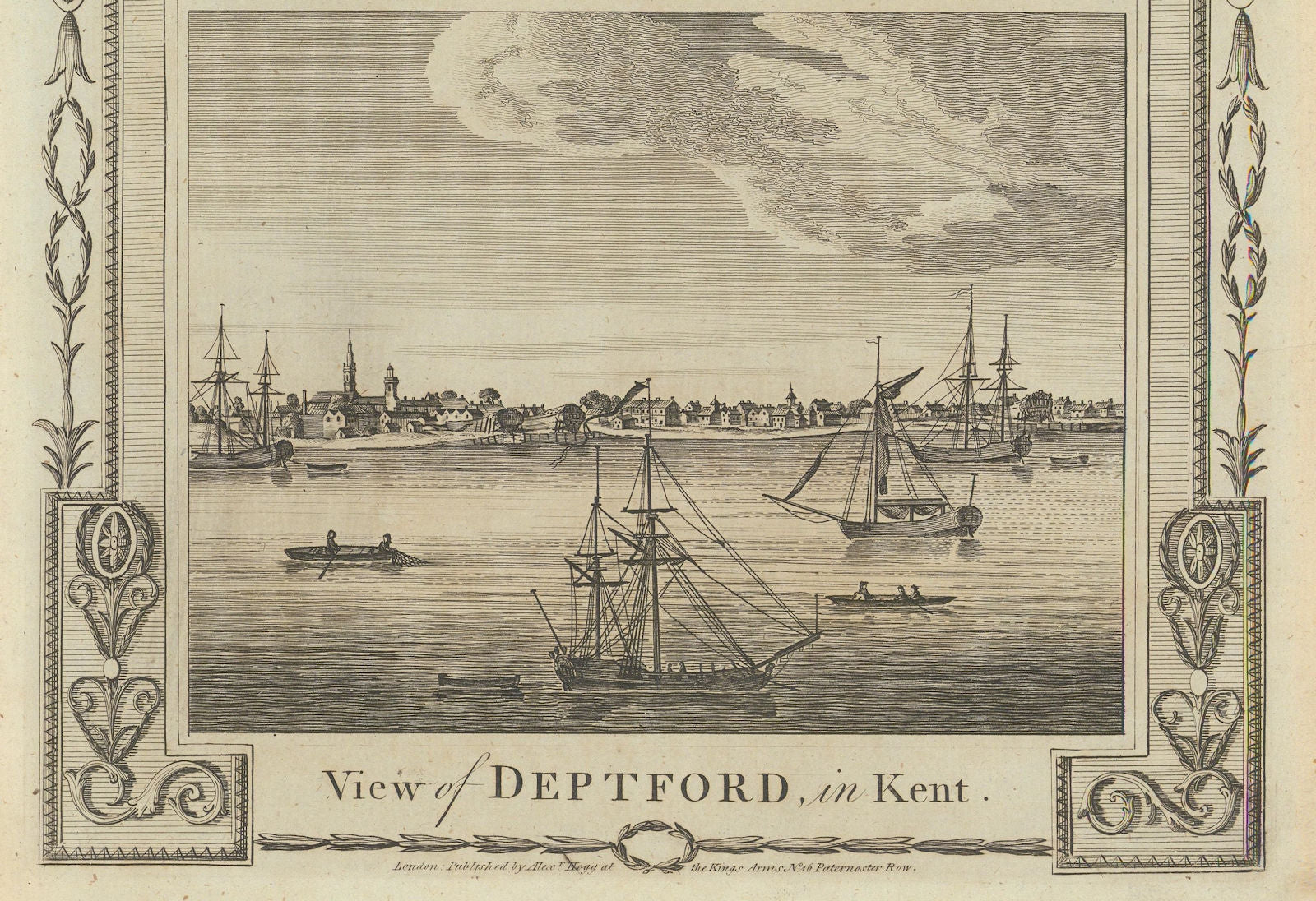 A view of Deptford, London, with St Paul's church. Sailing boats. THORNTON 1784